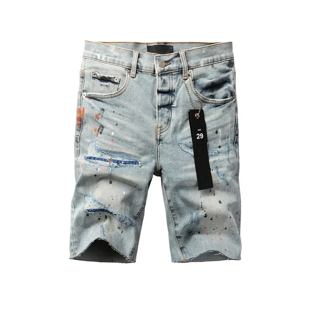 Purple Brand Paint-Splatter Distressed Mid-Rise Denim Shorts 17