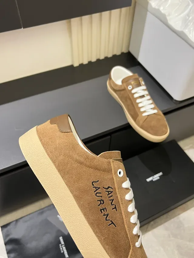 Saint Laurent Brown Beige Suede Upper Embroidered Logo Lifestyle Sneakers 4