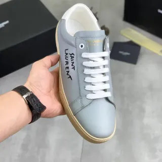 Saint Laurent Gray Beige Leather Upper Embroidered Branding Lifestyle Sneakers
