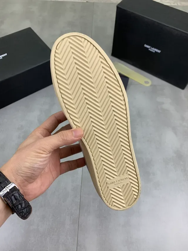 Saint Laurent Gray Beige Leather Upper Embroidered Branding Lifestyle Sneakers 2