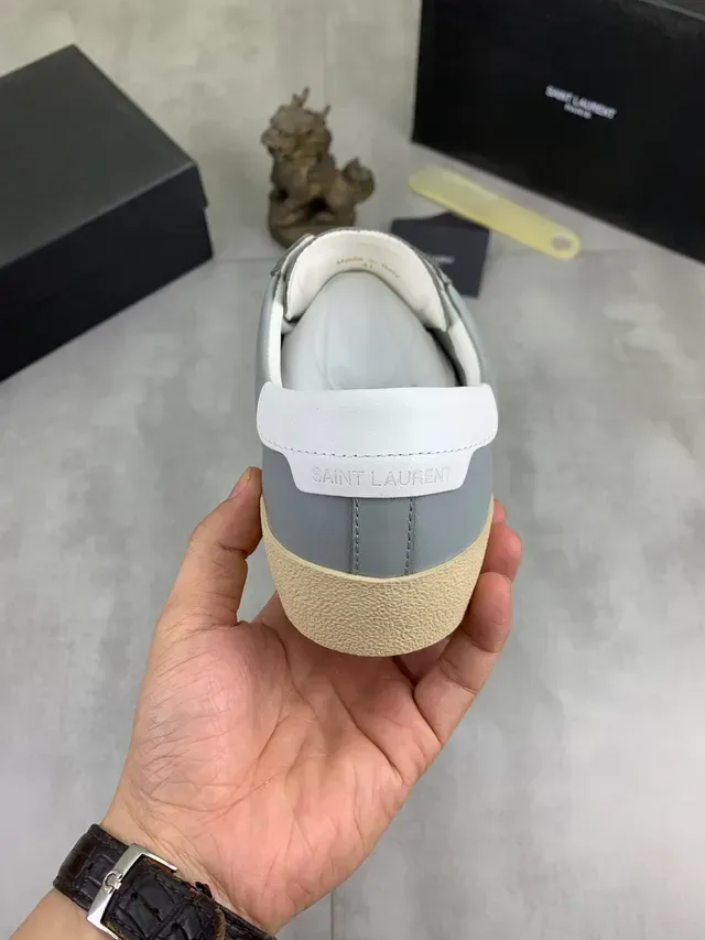 Saint Laurent Gray Beige Leather Upper Embroidered Branding Lifestyle Sneakers 3