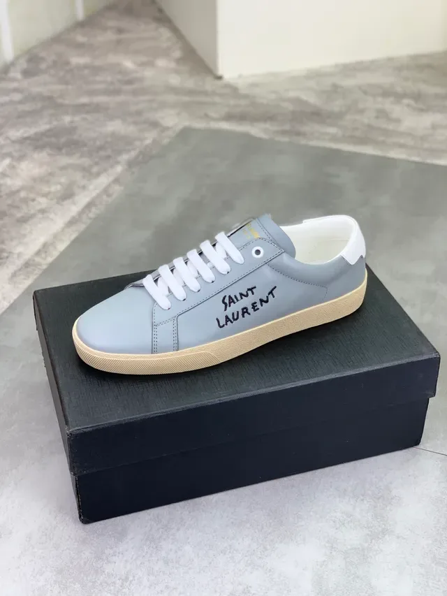 Saint Laurent Gray Beige Leather Upper Embroidered Branding Lifestyle Sneakers 4