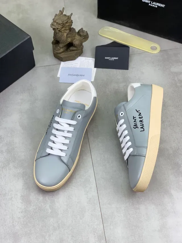 Saint Laurent Gray Beige Leather Upper Embroidered Branding Lifestyle Sneakers 5