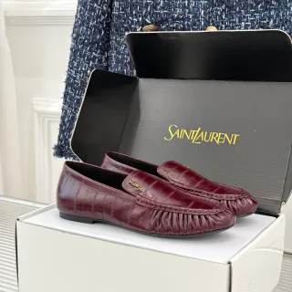 Saint Laurent Loulou Burgundy Croc-Embossed Ruched Loafers