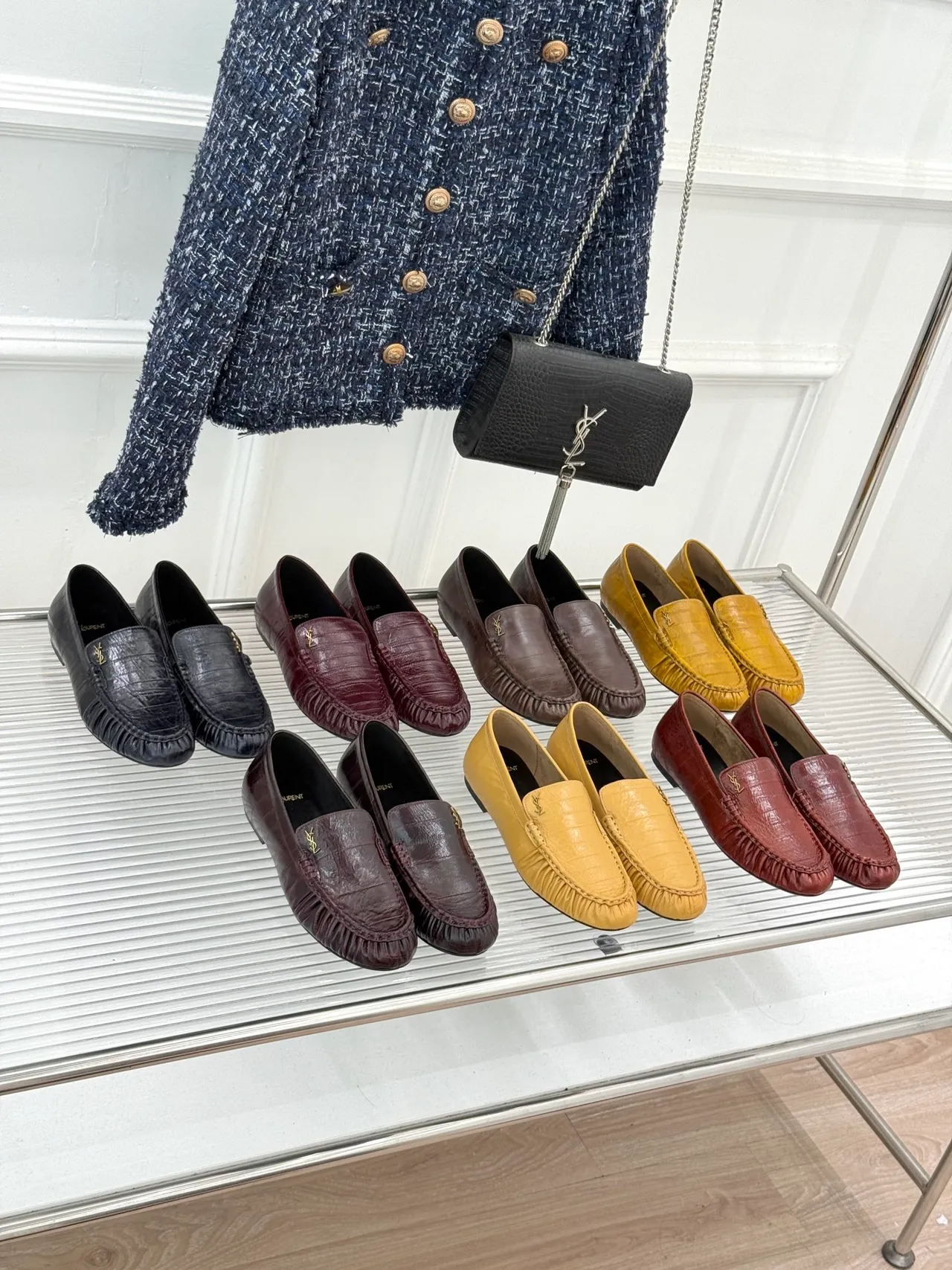 Saint Laurent Loulou Mocassins Bordeaux Croc-Embossed Ruched 2