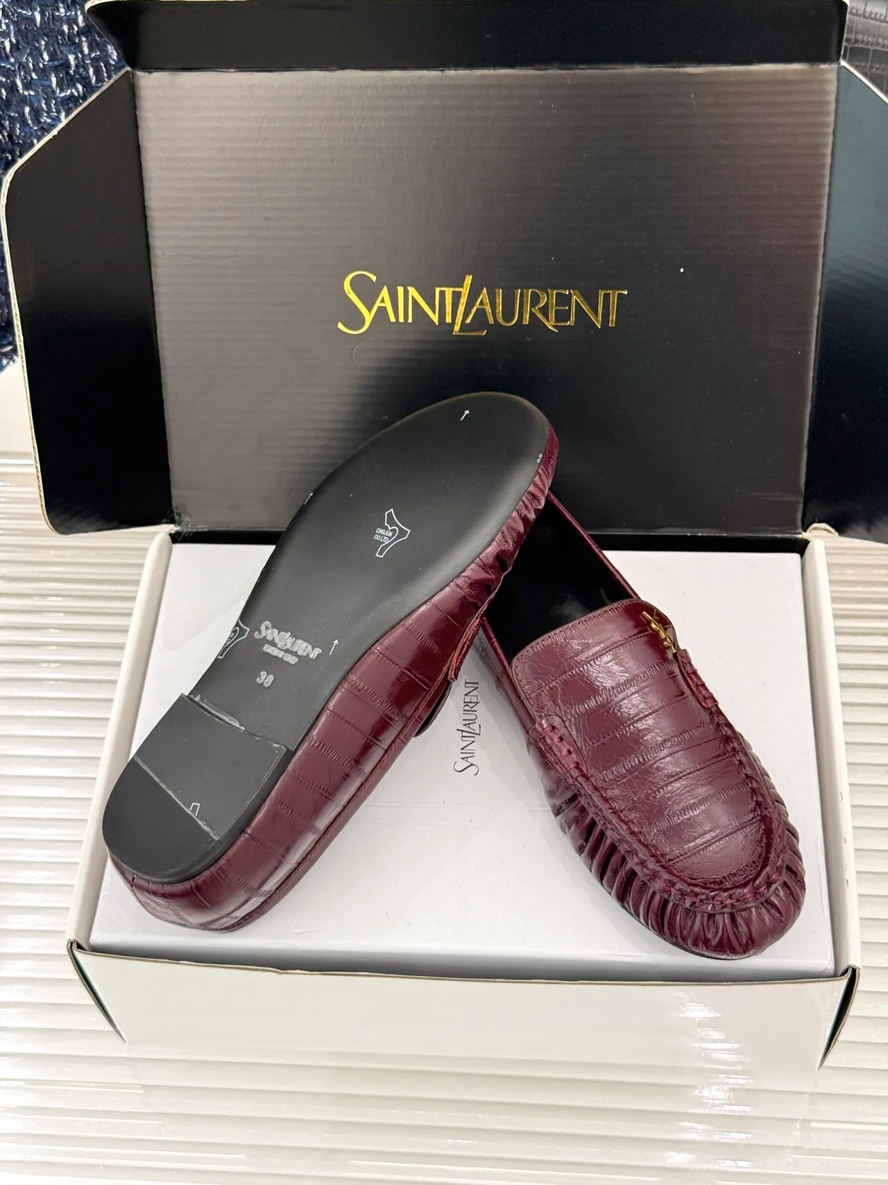 Saint Laurent Loulou Mocassins Bordeaux Croc-Embossed Ruched 3