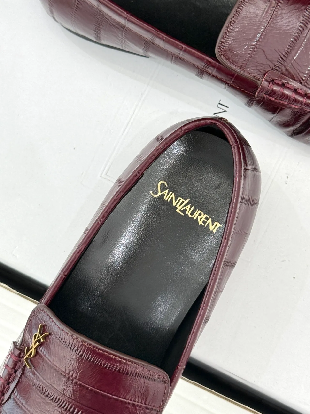 Saint Laurent Loulou Mocassins Bordeaux Croc-Embossed Ruched 4