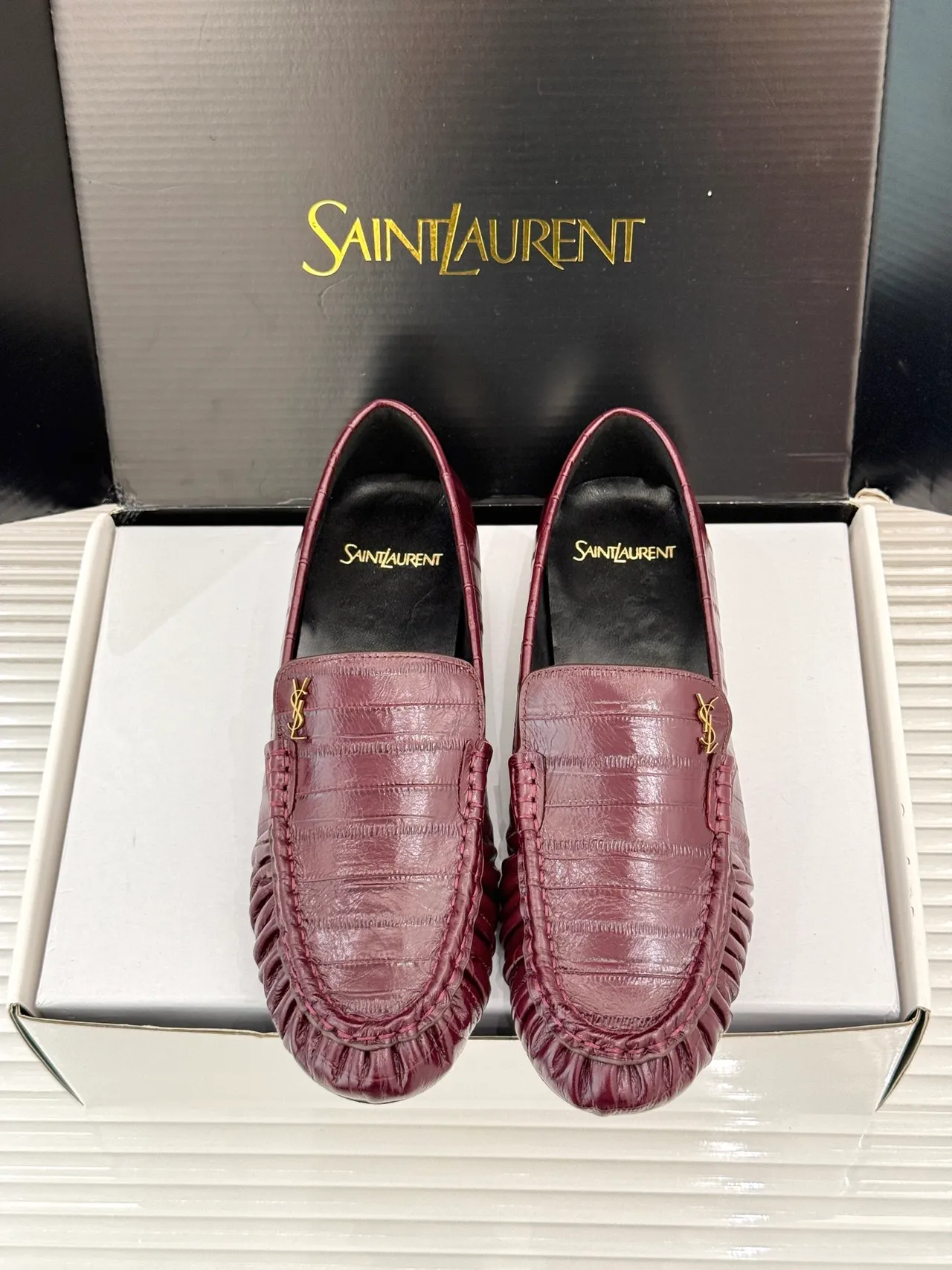 Saint Laurent Loulou Mocassins Bordeaux Croc-Embossed Ruched 6