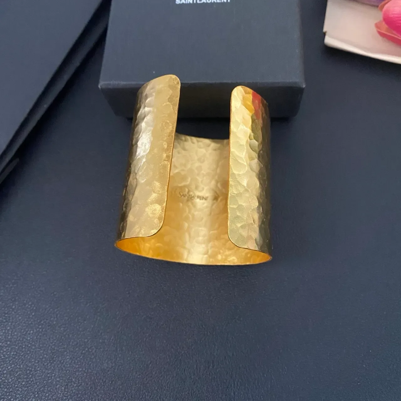 Saint Laurent Monogram Cuff Hammered Gold-Tone Bracelet 5