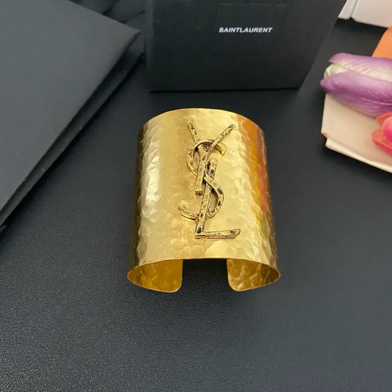 Saint Laurent Monogram Cuff Hammered Gold-Tone Bracelet 6