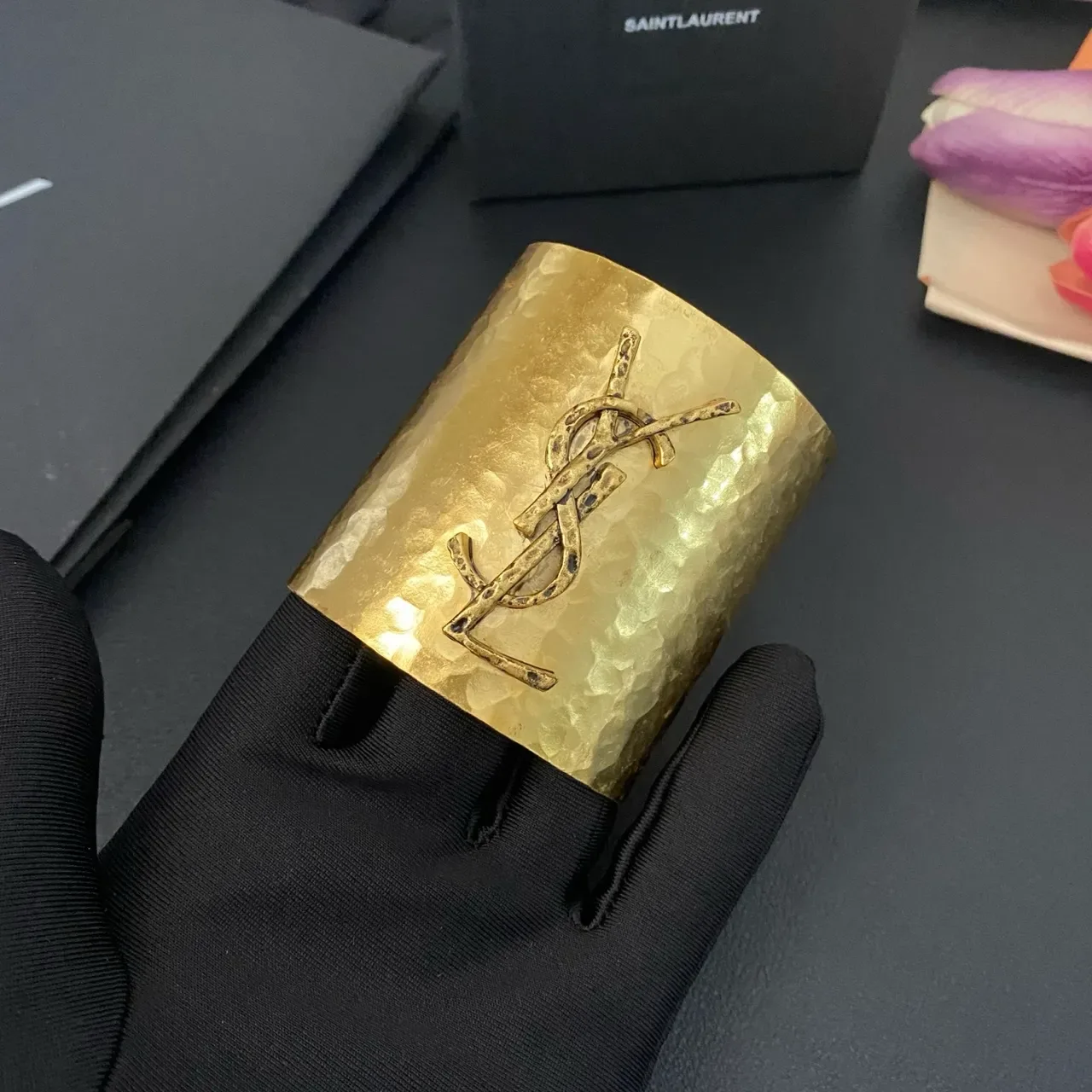 Saint Laurent Monogram Cuff Hammered Gold-Tone Bracelet 7