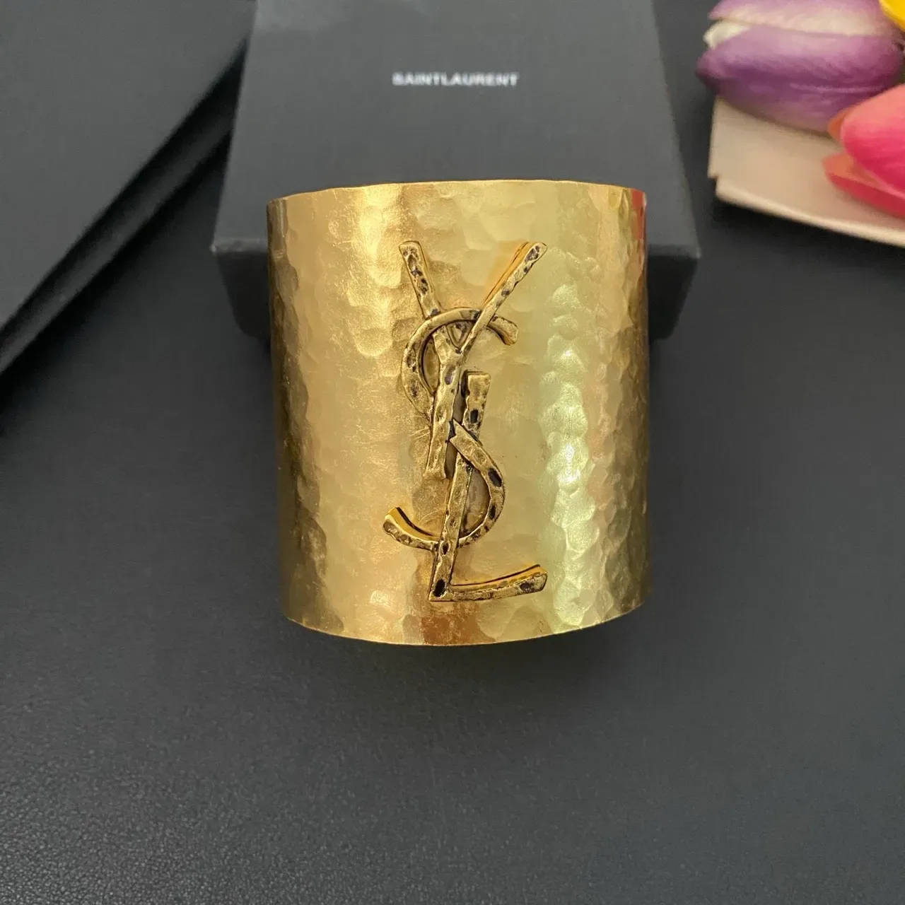 Saint Laurent Monogram Cuff Hammered Gold-Tone Bracelet 8