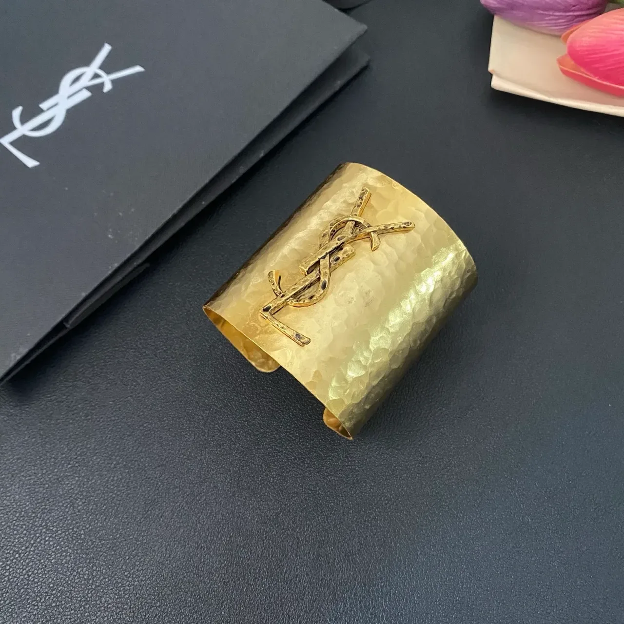 Saint Laurent Monogram Cuff Hammered Gold-Tone Bracelet 9