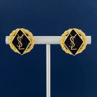Saint Laurent Monogram Rope Black Enamel Gold-Tone Earrings