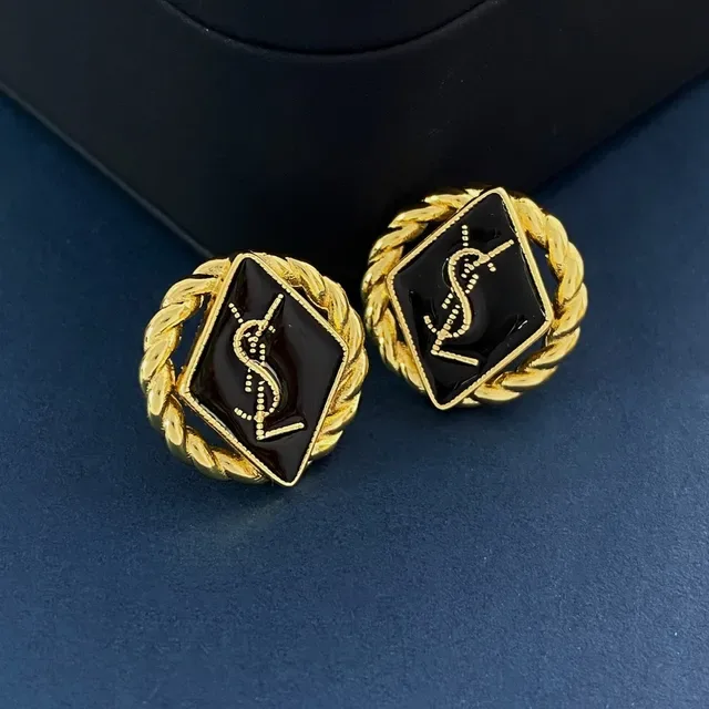 Saint Laurent Boucles d'oreilles Monogramme Corde Émail Noir Doré 2