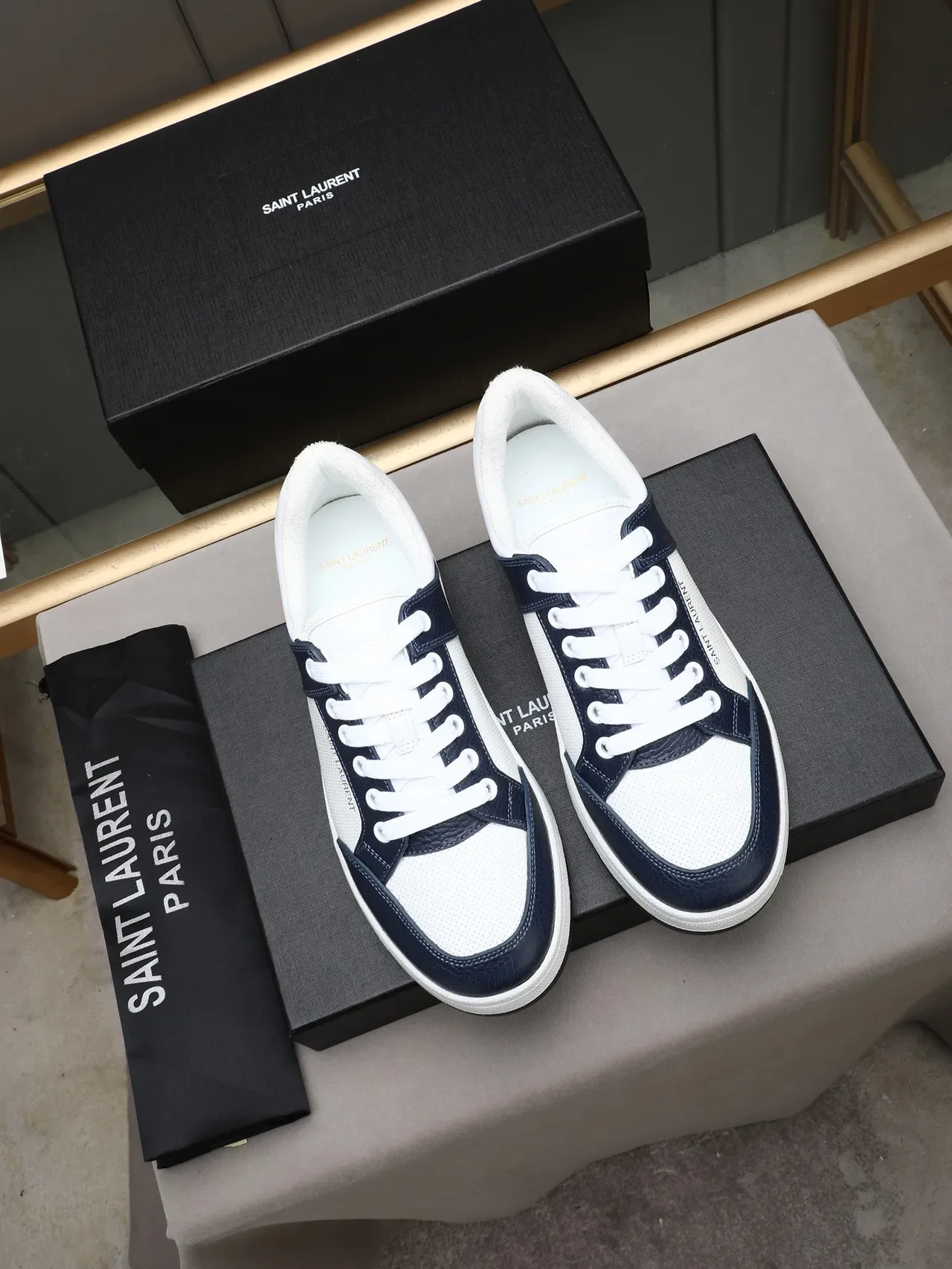 Saint Laurent White Navy Low-Top Perforated Mesh Panel Lifestyle Sneakers 2