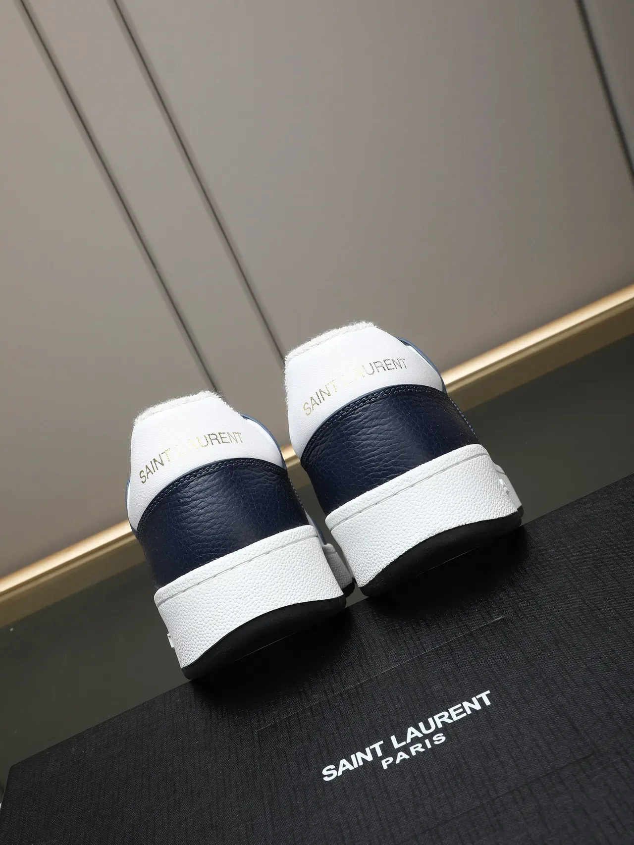 Saint Laurent White Navy Low-Top Perforated Mesh Panel Lifestyle Sneakers 3