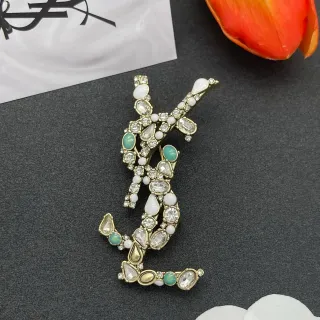 Saint Laurent YSL Monogram Crystal and Enamel Brooch