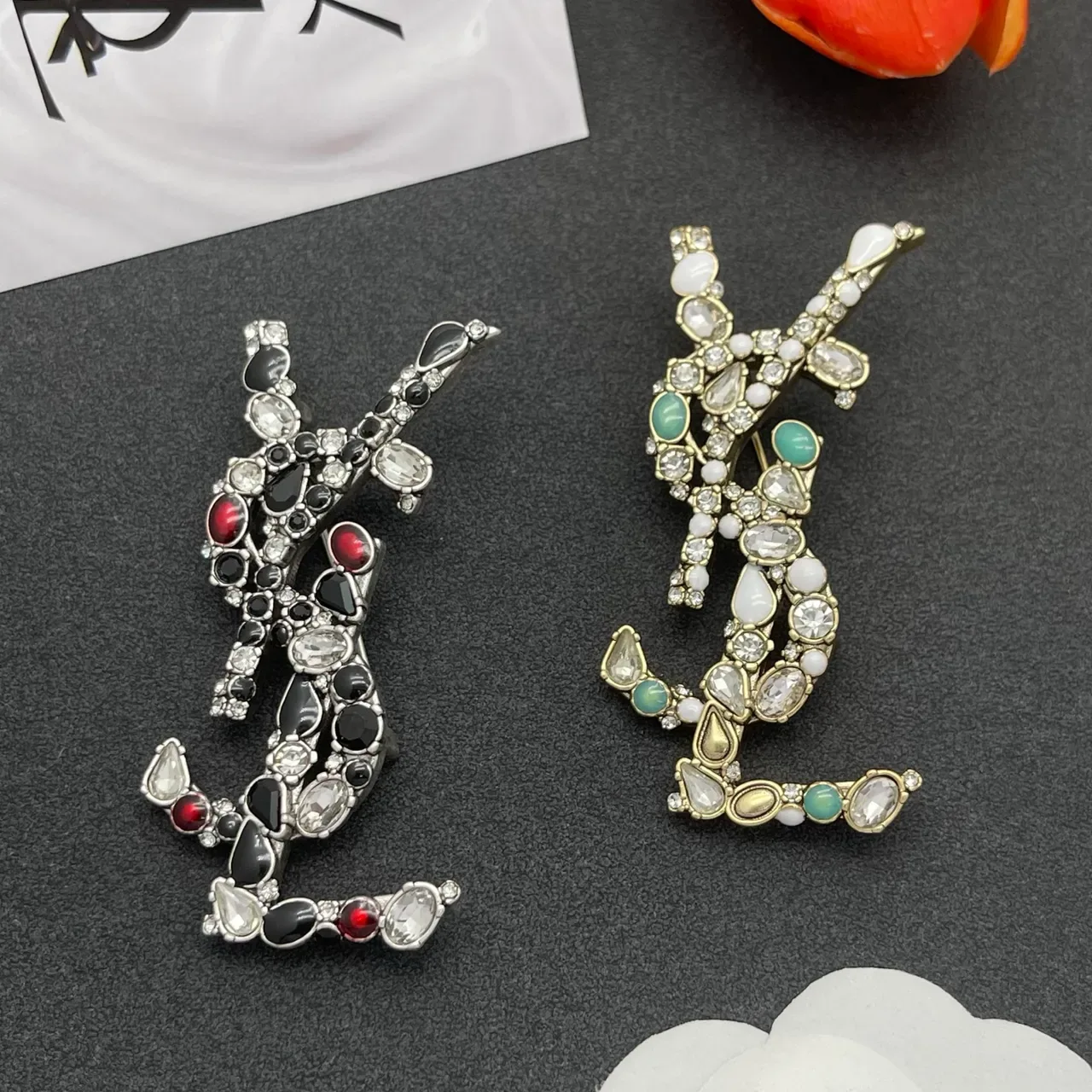 Saint Laurent YSL Monogram Crystal and Enamel Brooch 2