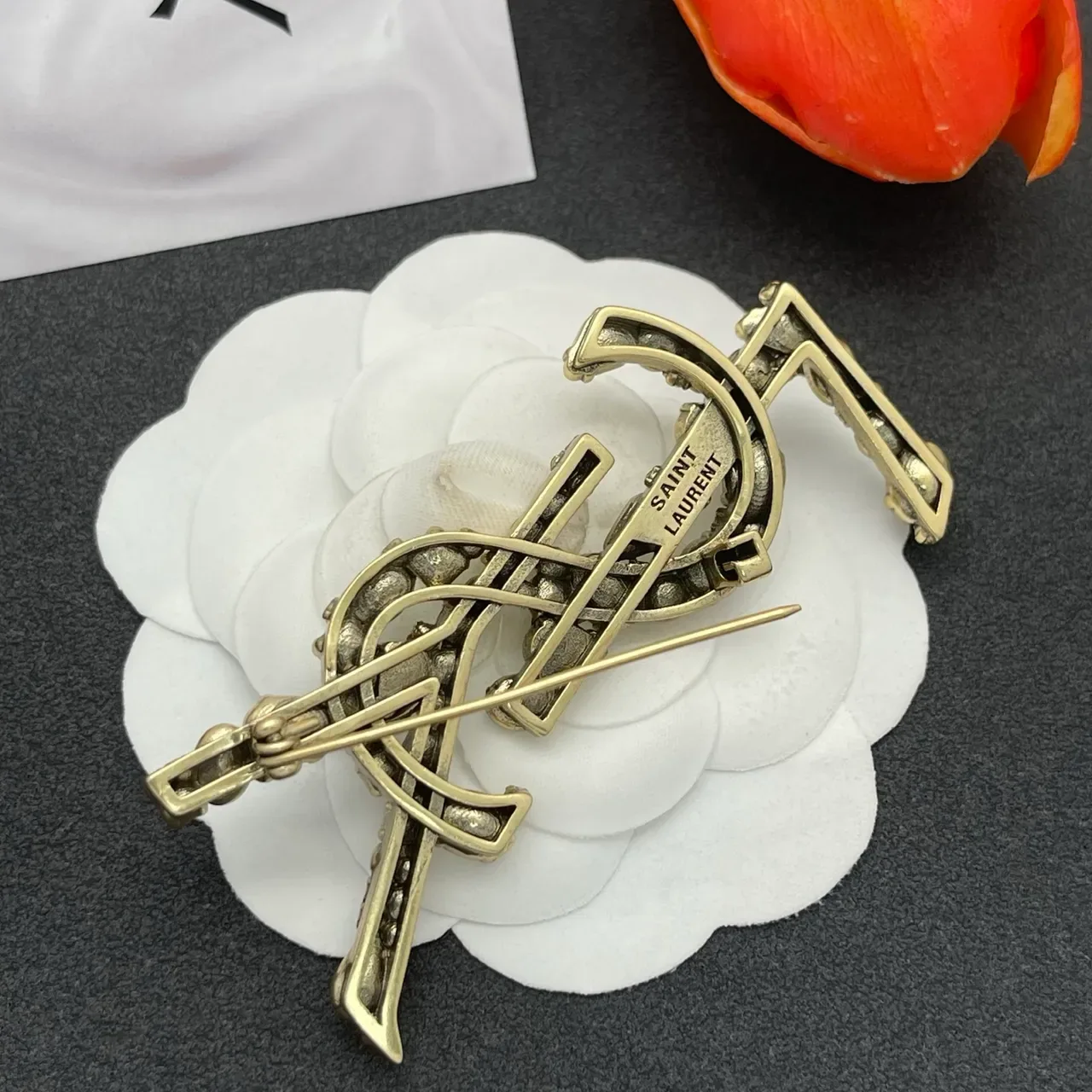 Saint Laurent YSL Monogram Crystal and Enamel Brooch 3