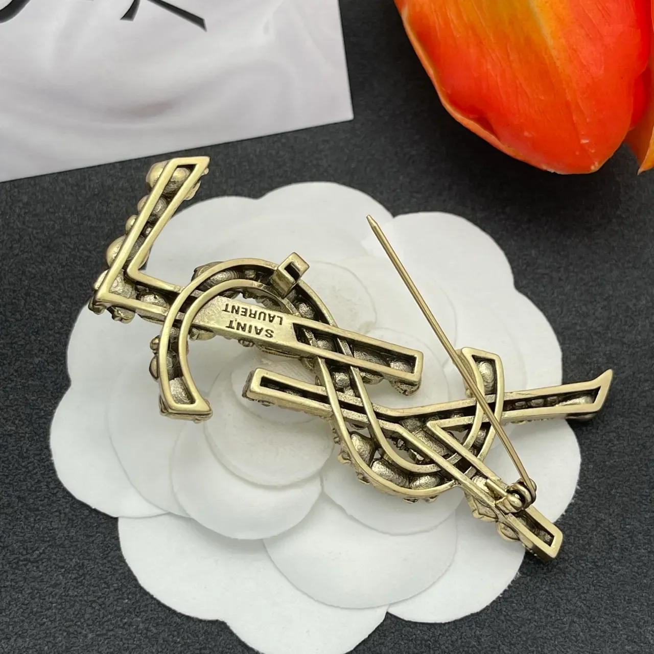 Saint Laurent YSL Monogram Crystal and Enamel Brooch 4