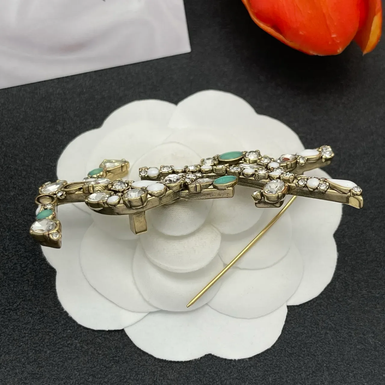 Saint Laurent YSL Monogram Crystal and Enamel Brooch 5