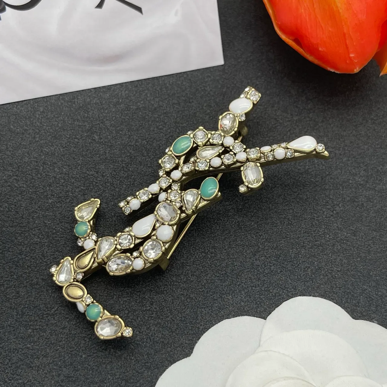 Saint Laurent YSL Monogram Crystal and Enamel Brooch 6