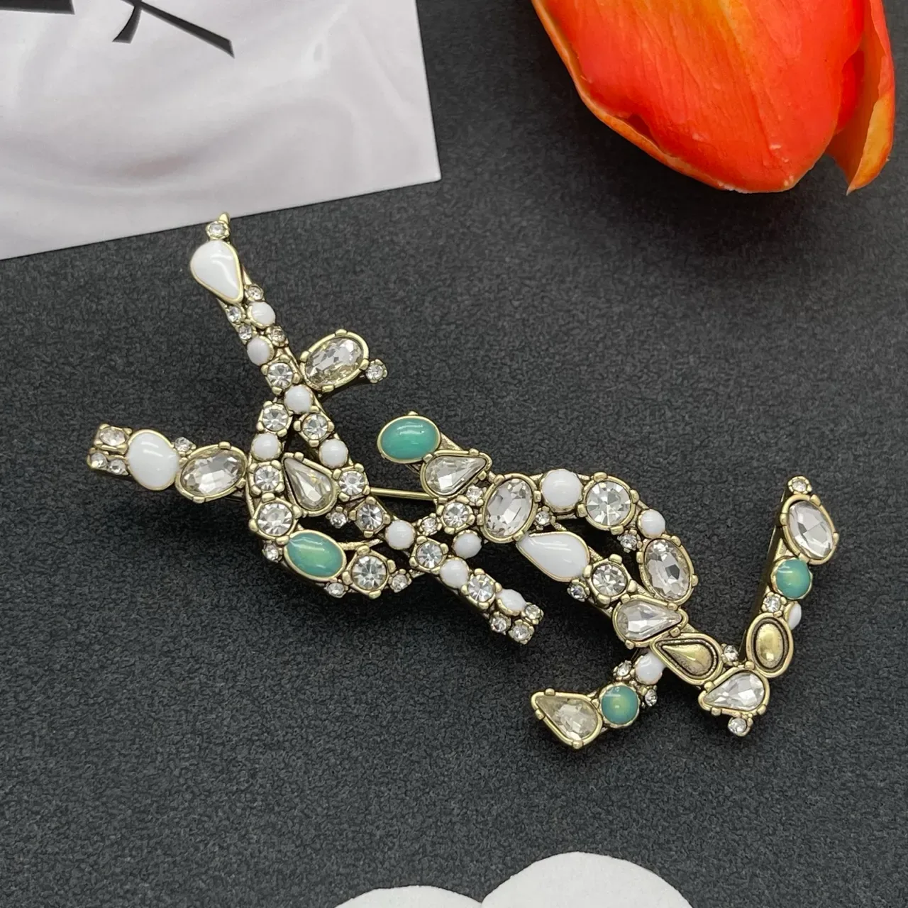 Saint Laurent YSL Monogram Crystal and Enamel Brooch 7