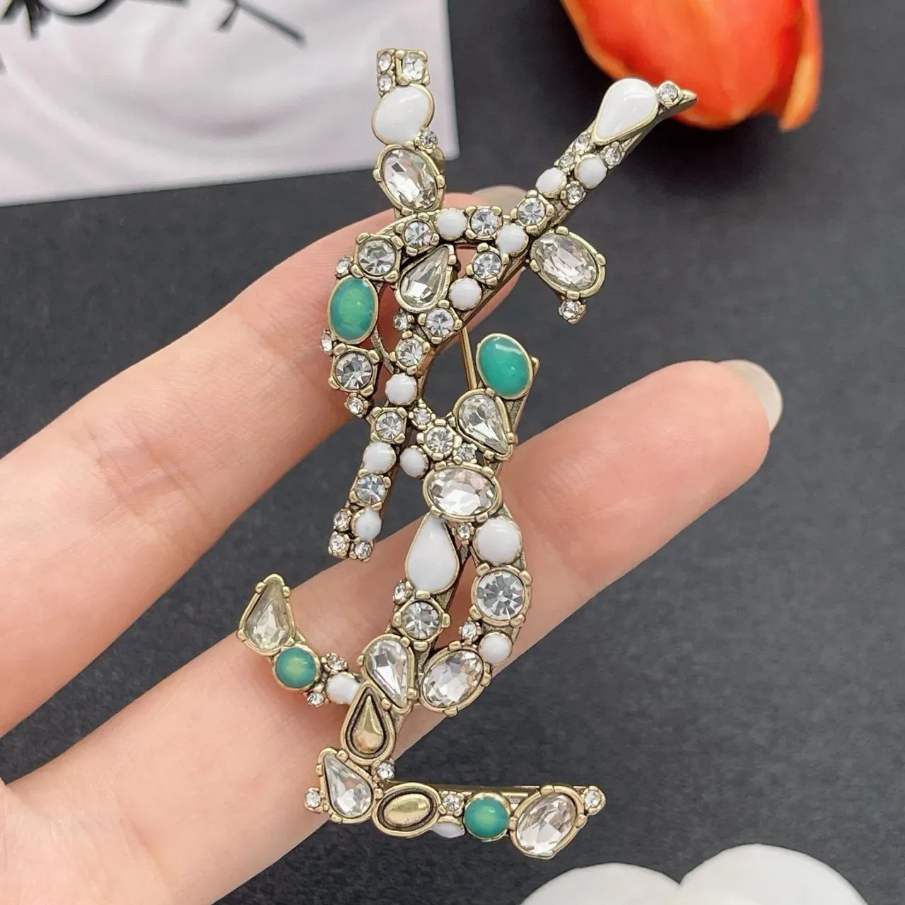 Saint Laurent YSL Monogram Crystal and Enamel Brooch 8