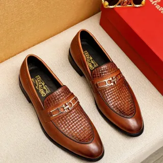 Salvatore Ferragamo Gancini Woven Leather Brown Loafers