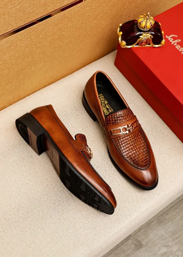 Salvatore Ferragamo Gancini Woven Leather Brown Loafers 4