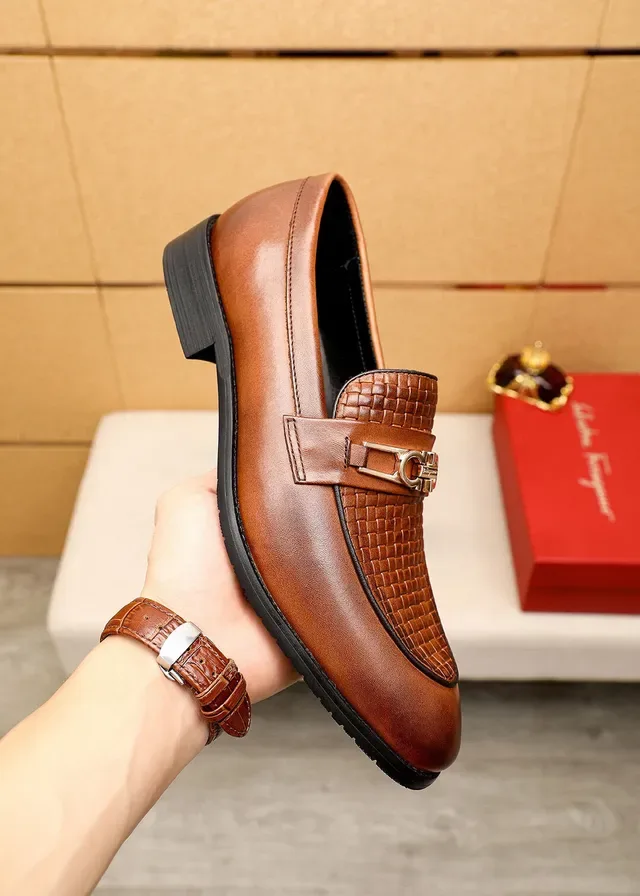 Salvatore Ferragamo Gancini Woven Leather Brown Loafers 5