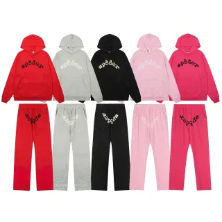 Sp5der Red Perforated Fabric Texture Arched Embroidered Logo Tracksuit