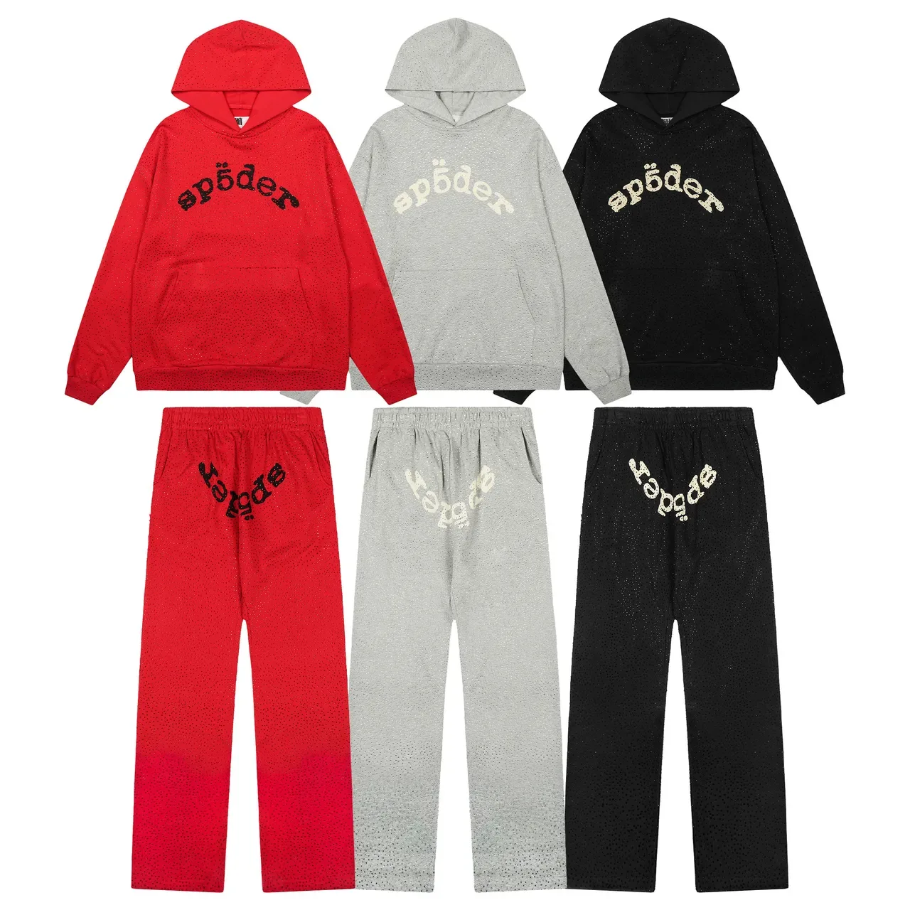 Sp5der Red Perforated Fabric Texture Arched Embroidered Logo Tracksuit 19