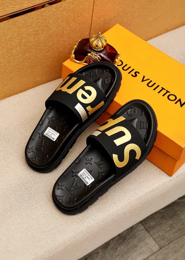 Supreme Slide Black Gold Rubber Logo Strap Slippers 2