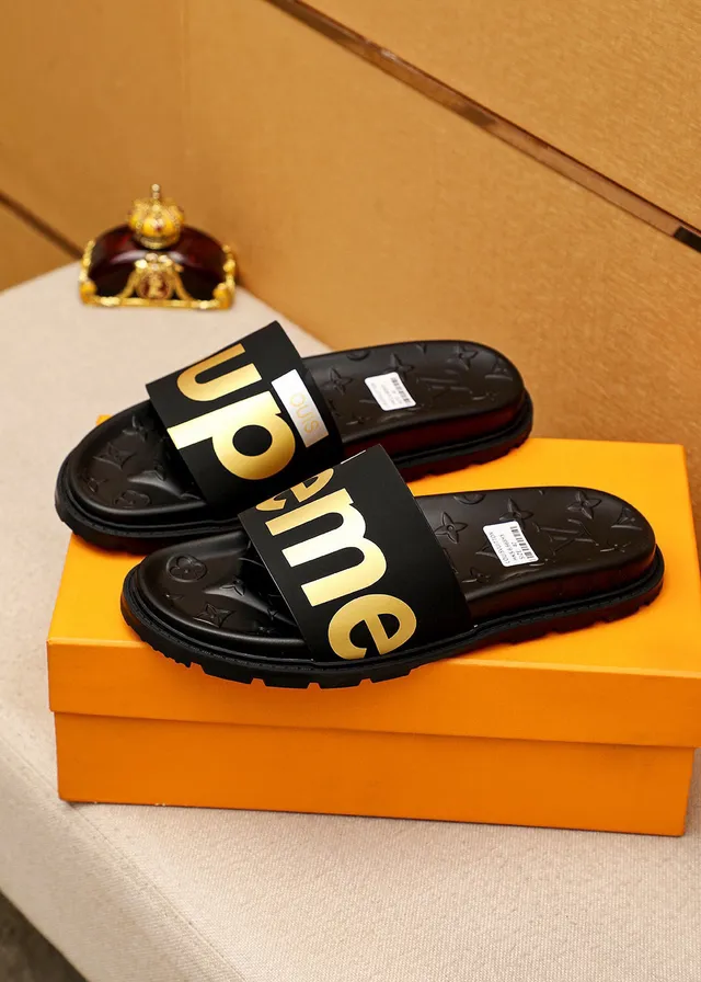 Supreme Slide Black Gold Rubber Logo Strap Slippers 3