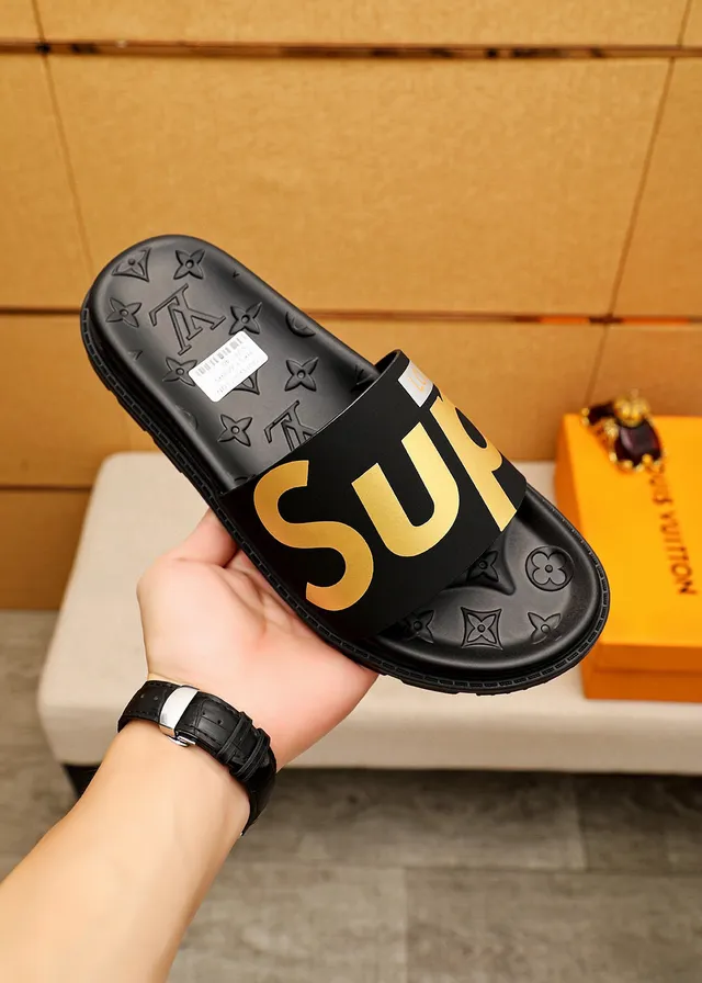 Supreme Slide Black Gold Rubber Logo Strap Slippers 4