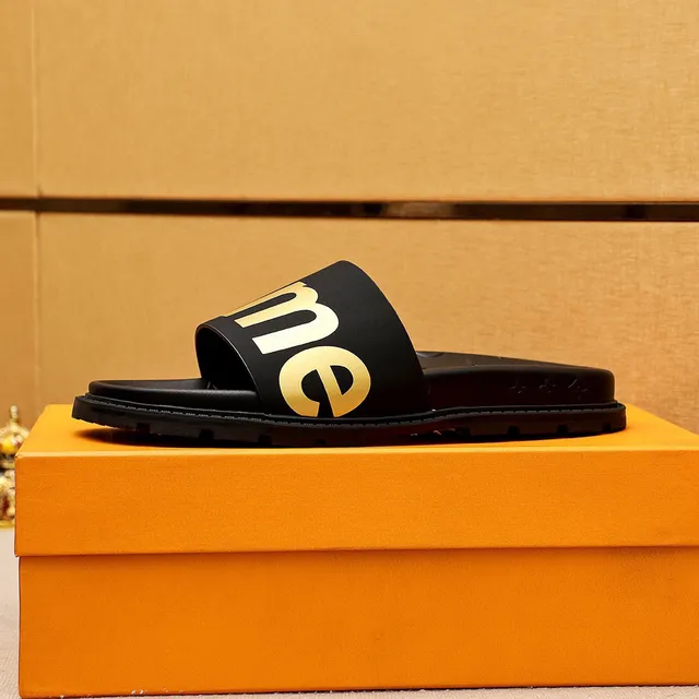 Supreme Slide Black Gold Rubber Logo Strap Slippers 5