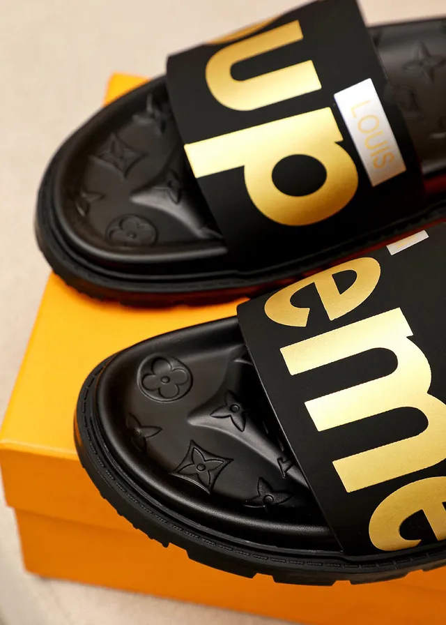 Supreme Slide Black Gold Rubber Logo Strap Slippers 6