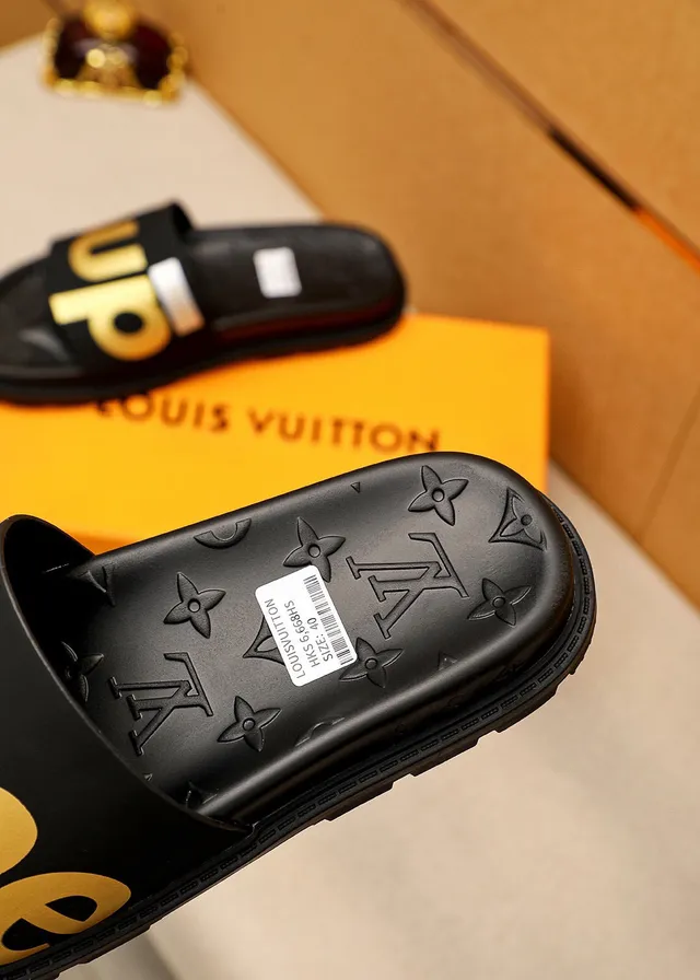 Supreme Slide Black Gold Rubber Logo Strap Slippers 7
