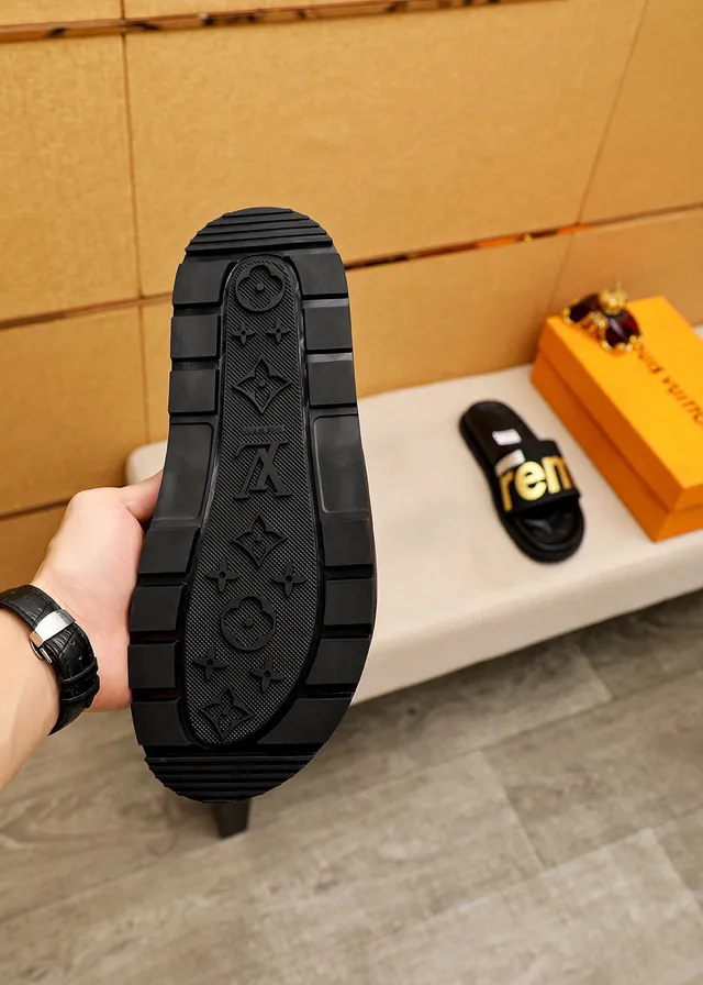 Supreme Slide Black Gold Rubber Logo Strap Slippers 9