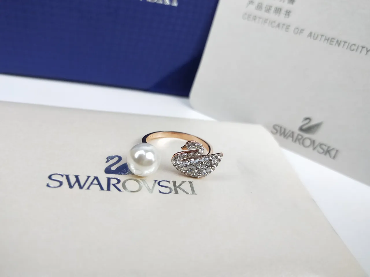 Swarovski Cygne Pavé Cristal et Perle Bague Ouverte 2