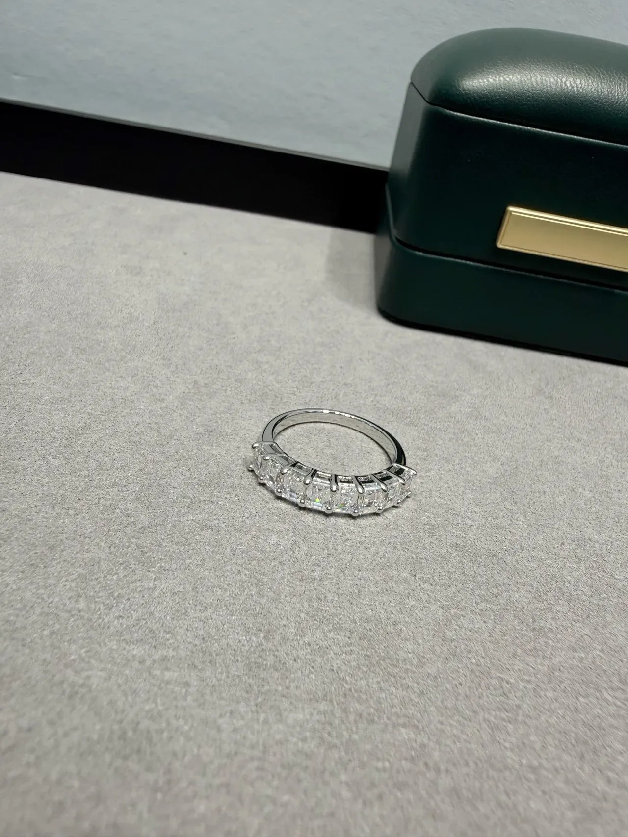 Tiffany & Co. Silver Navy Emerald-Cut Diamonds Shared-Prong Setting Ring 7