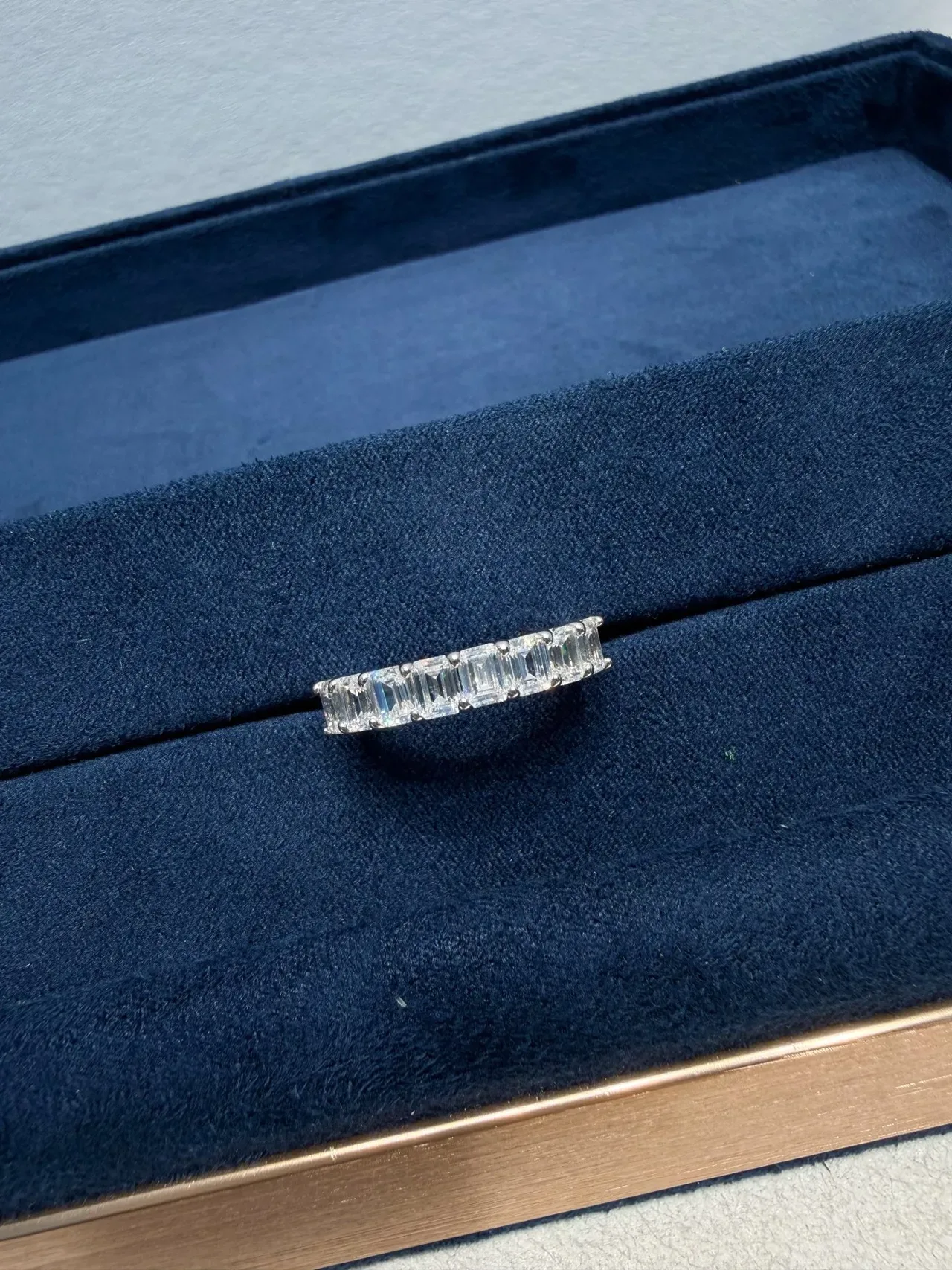 Tiffany & Co. Silver Navy Emerald-Cut Diamonds Shared-Prong Setting Ring 9