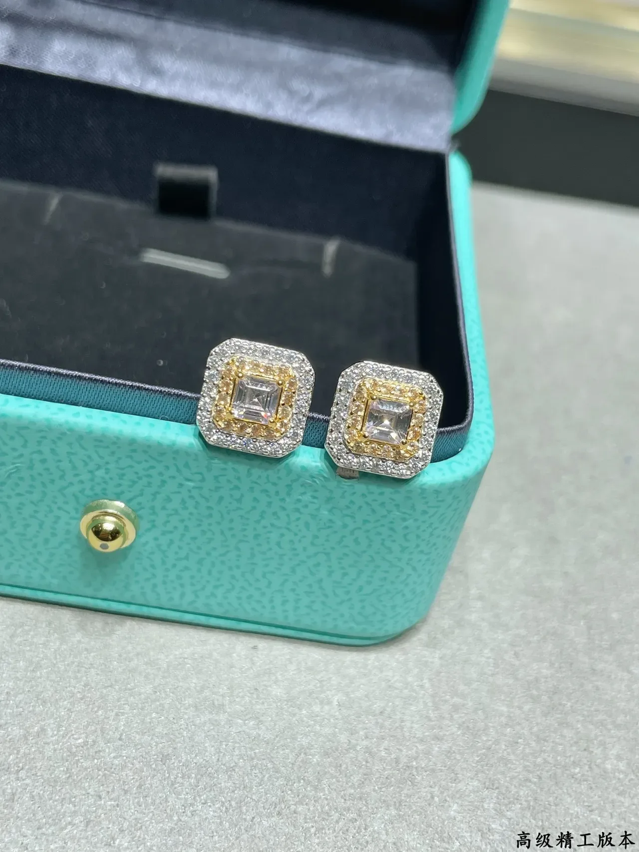 Tiffany & Co. Square Double Halo Two-Tone Gold Stud Earrings 5