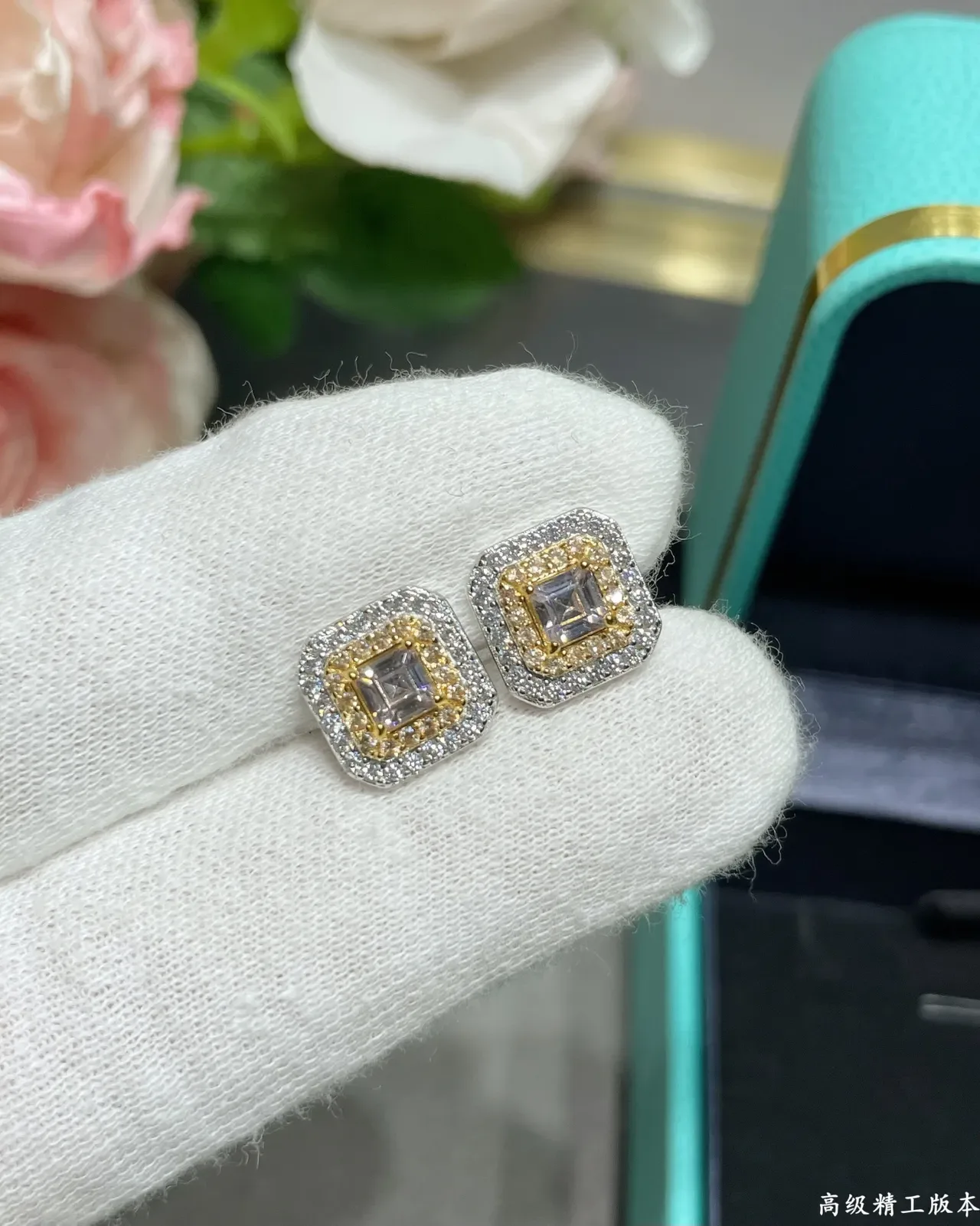 Tiffany & Co. Square Double Halo Two-Tone Gold Stud Earrings 6