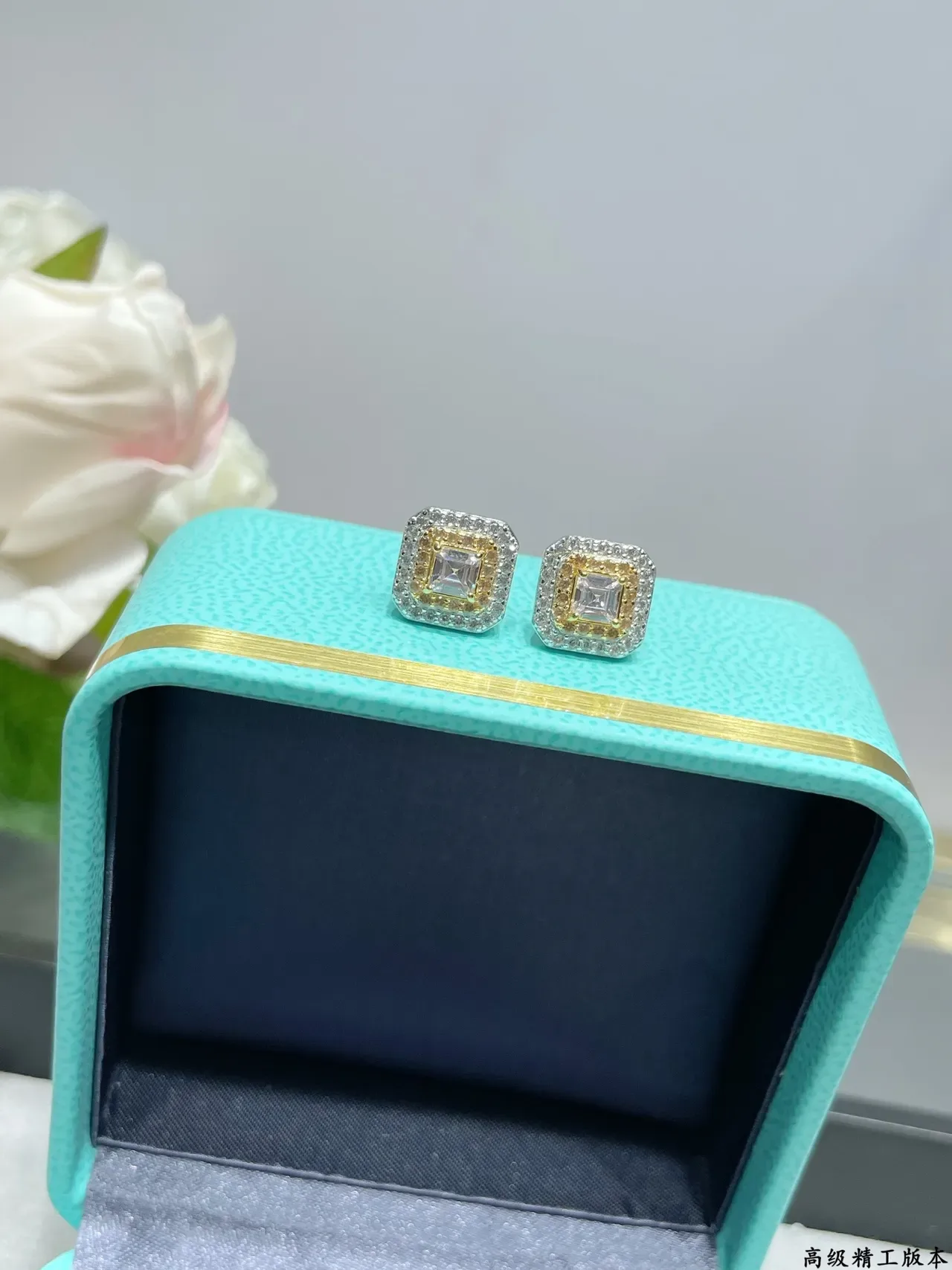 Tiffany & Co. Square Double Halo Two-Tone Gold Stud Earrings 7