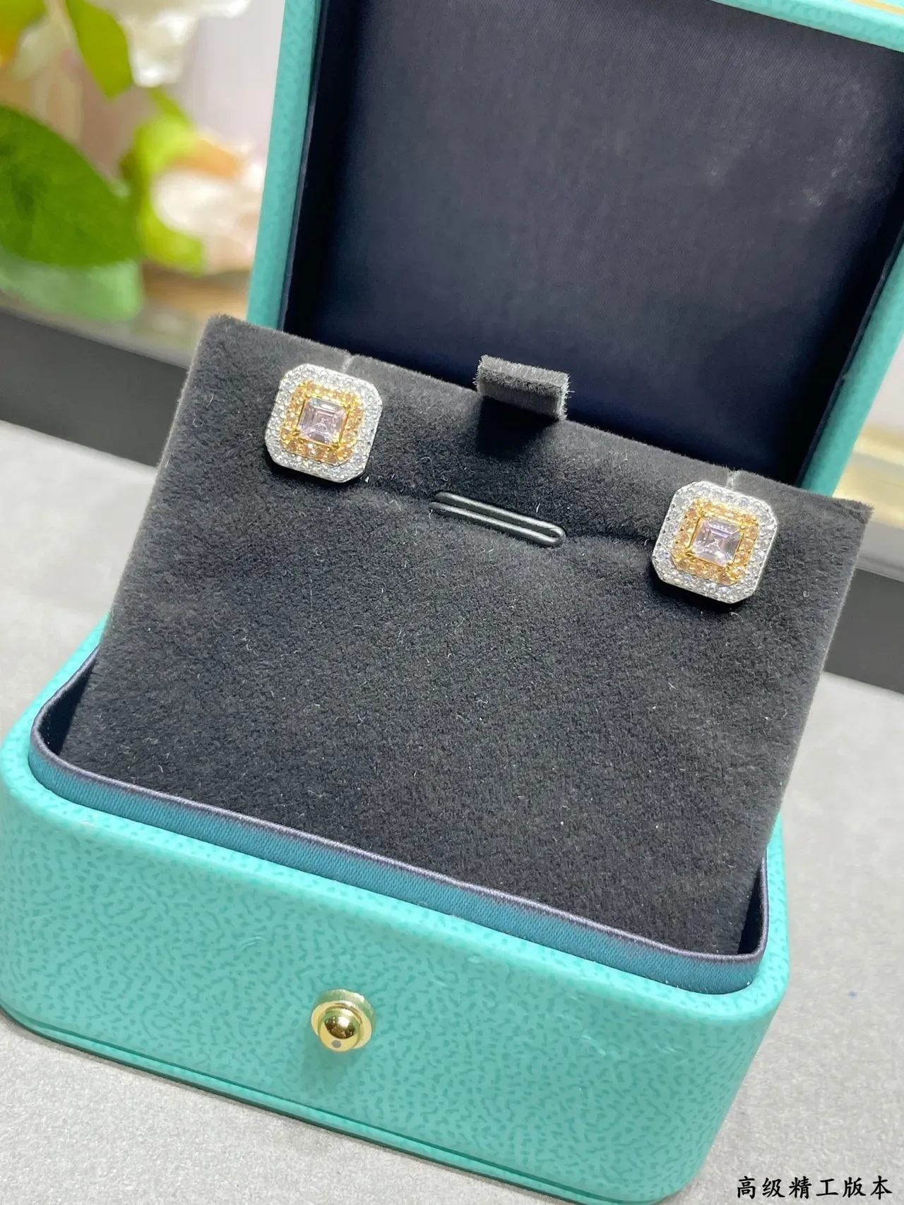 Tiffany & Co. Square Double Halo Two-Tone Gold Stud Earrings 8