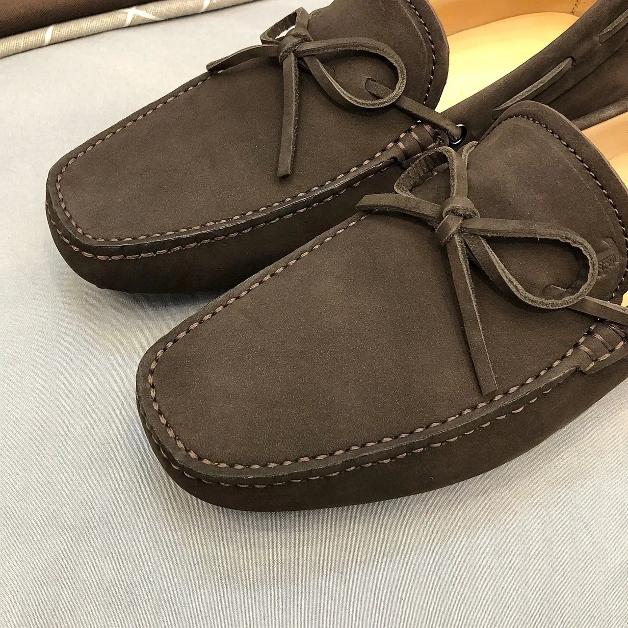 Tod's Brown Beige Suede-Like Nubuck Upper Hand-Stitched Moc Toe Loafer 4
