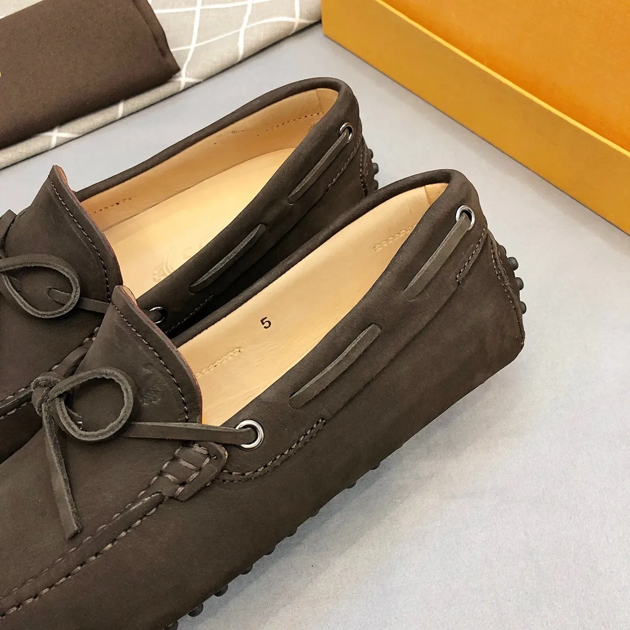 Tod's Brown Beige Suede-Like Nubuck Upper Hand-Stitched Moc Toe Loafer 5